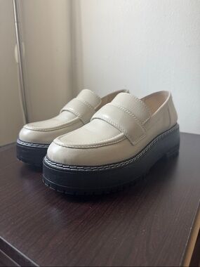 Matisse Cream Leather Platform Penny Loafers with Black Soles